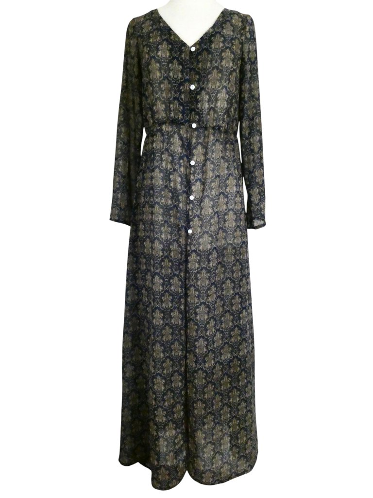 Urban Modesty Navy Medallion Paisley Print Maxi Dress Sz S Semi Sheer